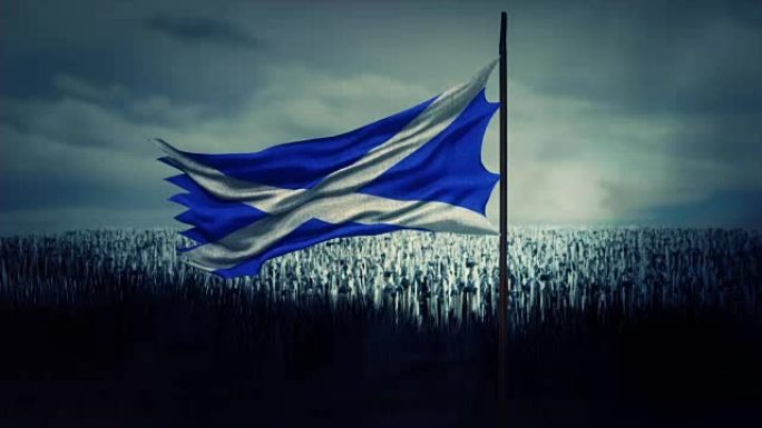 苏格兰飘扬的旗帜和战场上的苏格兰大军
