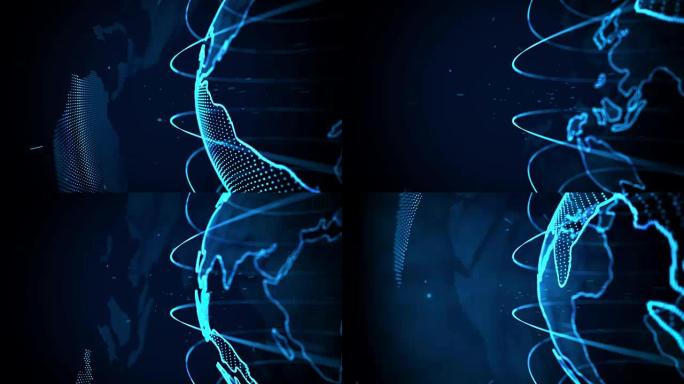 地球动画。旋转的地球仪，闪亮的大陆，边缘有重音。带有蓝色辉光的地球的抽象网络动画。无缝循环。