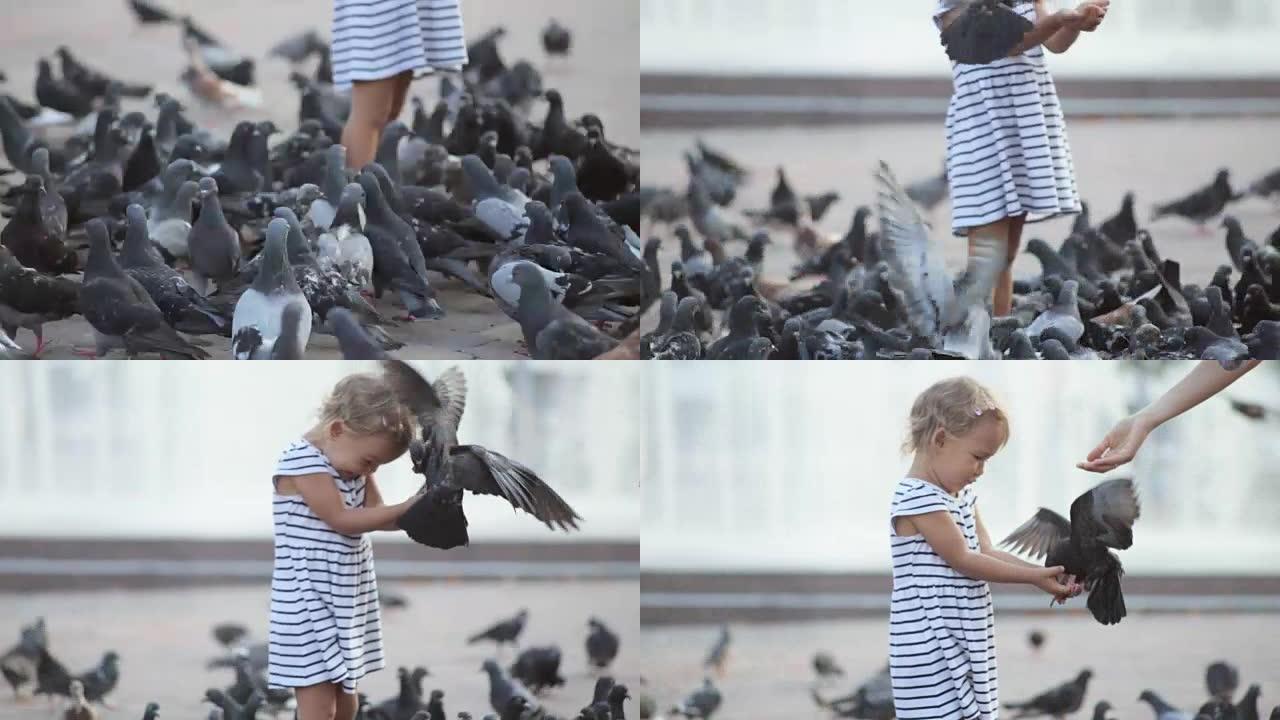 可爱的小女孩在喷泉附近喂鸽子