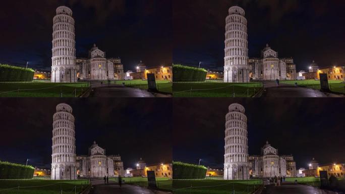 意大利比萨城著名塔和大教堂前门夜灯全景4k延时