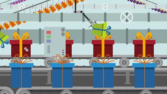 工厂输送机卡通风格上的彩色礼品盒