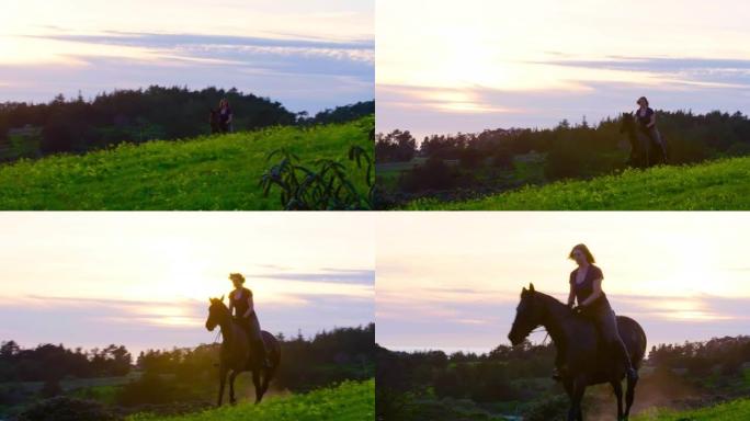 成年女子骑着一匹英国式纯种骏马，从右至左，背景是夕阳和太平洋的金色光芒，长镜头慢动作Slog3 20