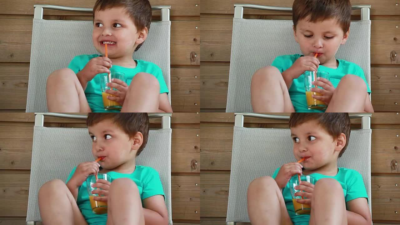 男孩喝果汁