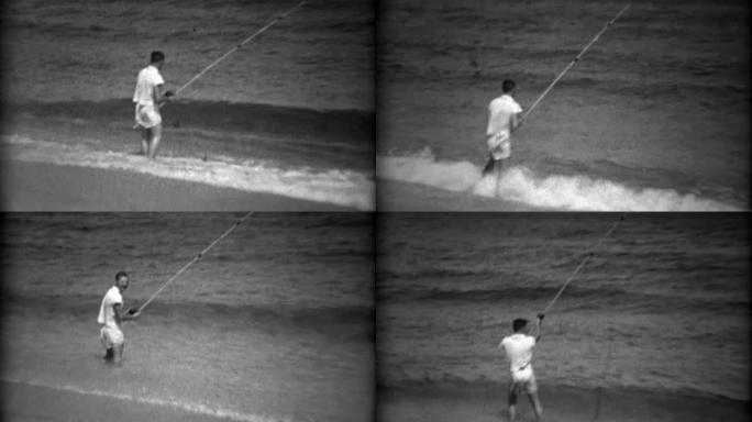 1936: Kid海滩海岸捕鱼海湾水域长杆。
