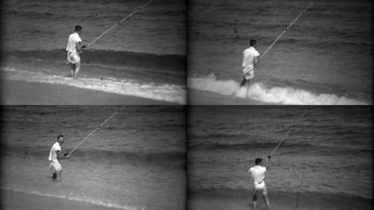 1936: Kid海滩海岸捕鱼海湾水域长杆。