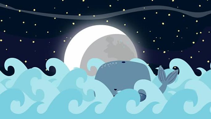 卡通鲸鱼在满月之夜在海里游泳