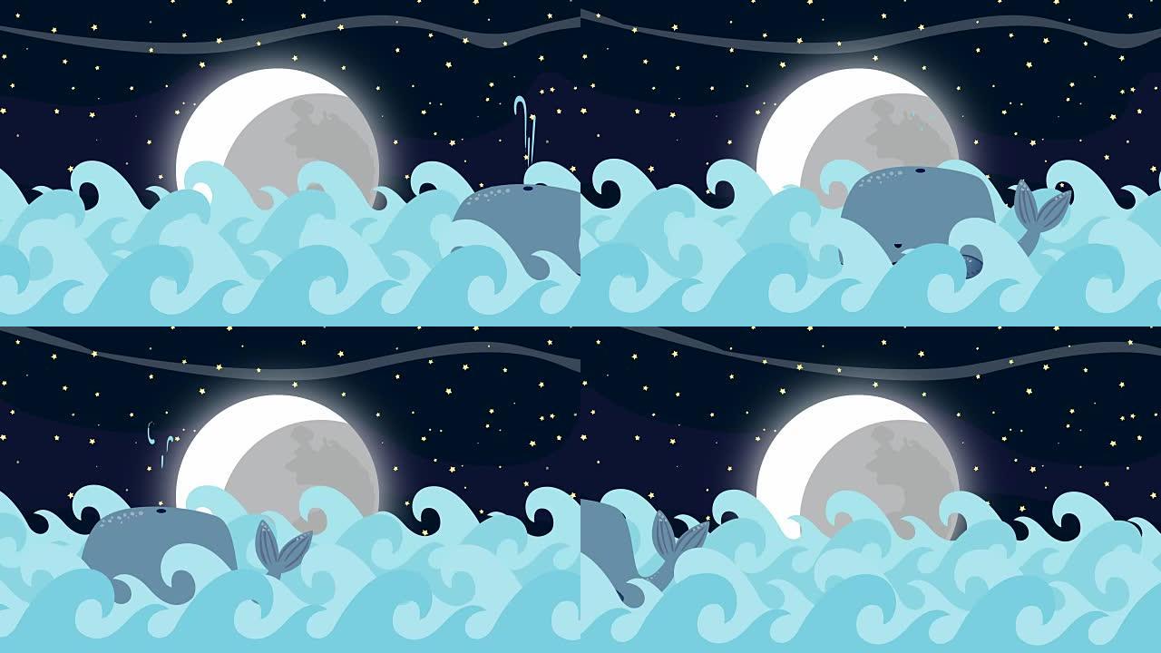 卡通鲸鱼在满月之夜在海里游泳