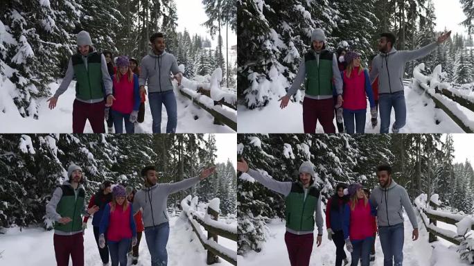 一群人冬季雪林散步微笑的朋友在雪园说话的路径