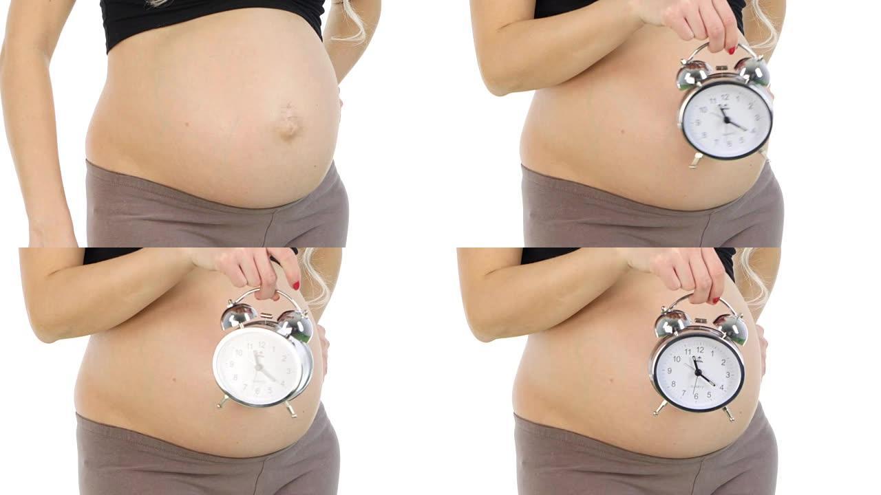 孕妇肚子有闹钟，白色，特写