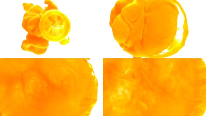 橙色油墨涂料在水中溢出的抽象概念形成艺术人物和形状背景