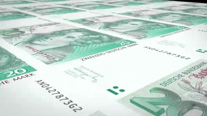 西德滚动的二十个德国马克的钞票，现金