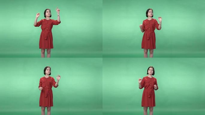 穿着红色连衣裙的女人翻转虚拟屏幕