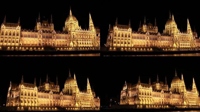 布达佩斯议会的夜晚，在多瑙河上的一艘船航行。