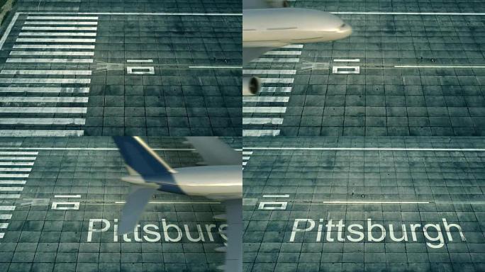 到达匹兹堡机场的大飞机的鸟瞰图。赴美旅行概念性介绍动画