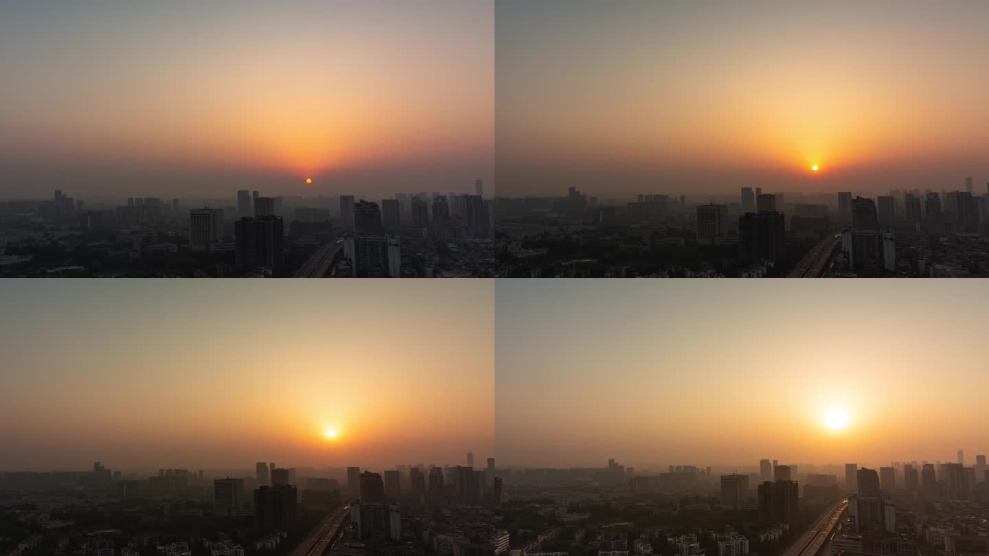城市日出红太阳升起城市逆光剪影变焦延时