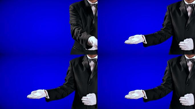 燕尾服男人的手势，张开的手显露到中央屏幕，蓝色背景