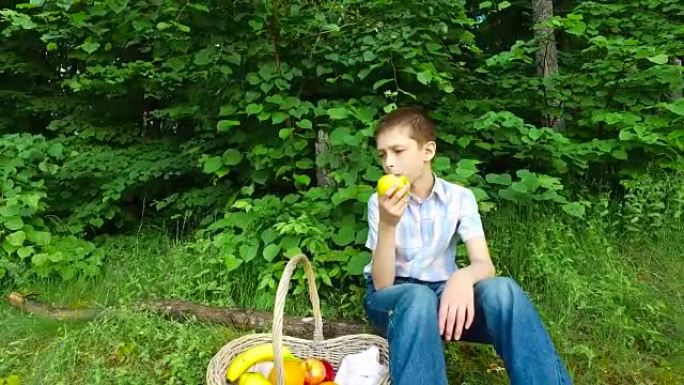 少年吃黄苹果。这个男孩非常像一个苹果，他吃得津津有味。