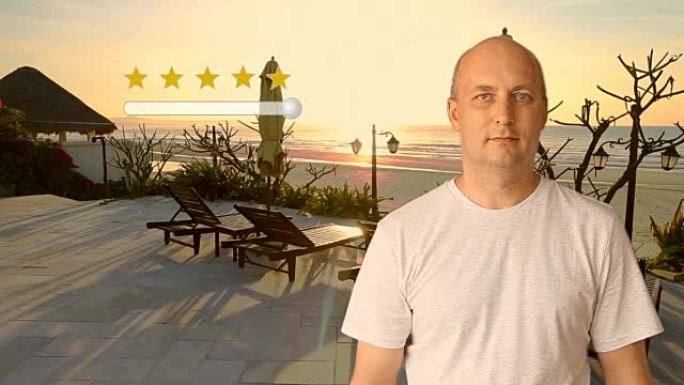 日落时分，一名男子站在海滩附近，对该度假村给出了5颗星的评级。一个男人的虚拟屏幕手指移动一个按钮改变