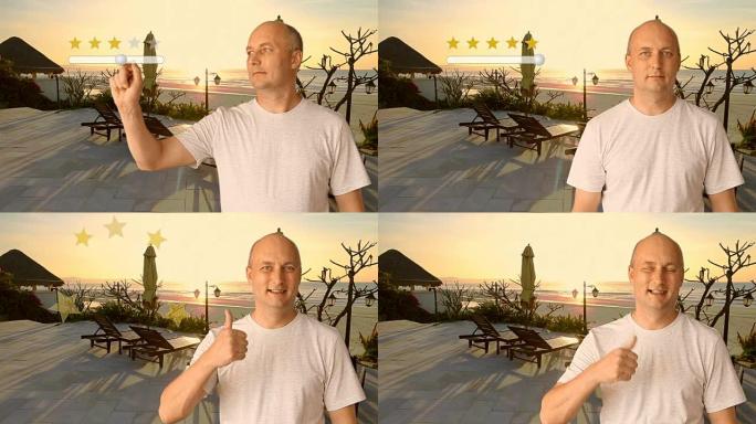 日落时分，一名男子站在海滩附近，对该度假村给出了5颗星的评级。一个男人的虚拟屏幕手指移动一个按钮改变