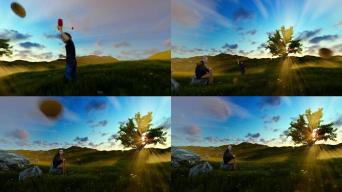 带着飞机和祖父的小男孩在日落时在绿色的草地上休息，平移