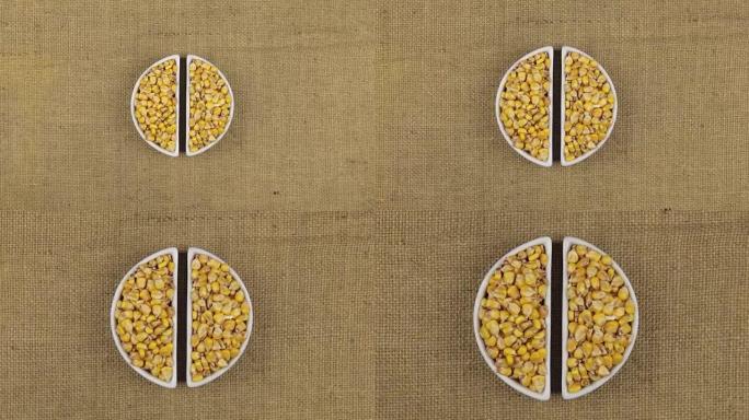 将玉米粒和小麦小穗放在麻布上的变焦盘
