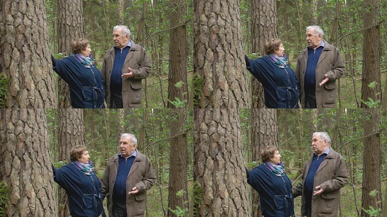 成熟的英俊夫妇在树旁聊天。找出关系，发誓，那个人在挥舞手臂。争吵、愤怒和悲伤。