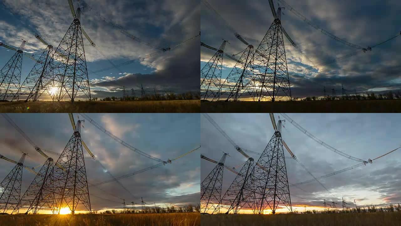 夕阳时，电塔抵御时光倒流的云。