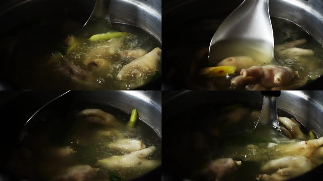 锅中煮泰国汤的超慢动作，搅拌汤勺