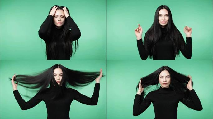 年轻的黑发女人展示了健康的长发，绿色屏幕背景