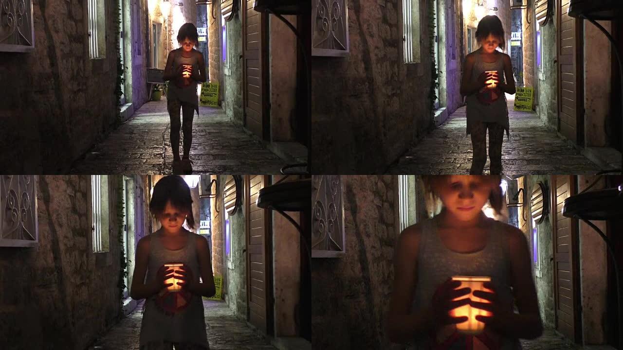 在老城区的黑暗中，女孩手握蜡烛