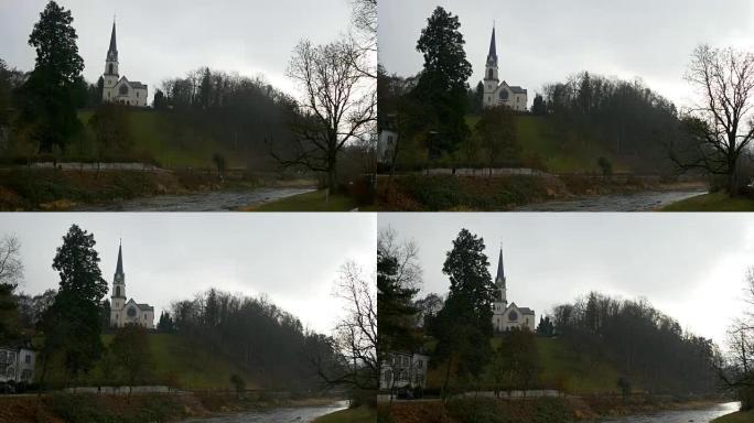 瑞士日时间adliswil pfarramt dreifaltigkeit教堂步行河边全景4k