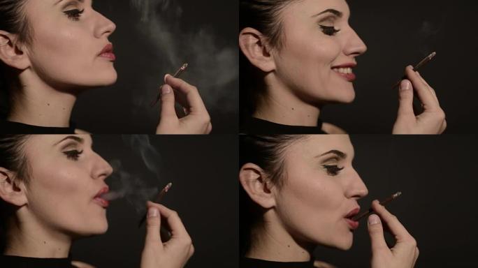 美女在黑色背景上抽烟