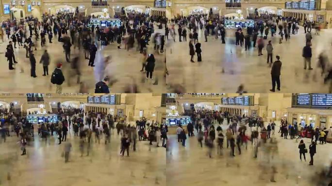 运动平移延时: 纽约市中央车站时间流逝，人群模糊