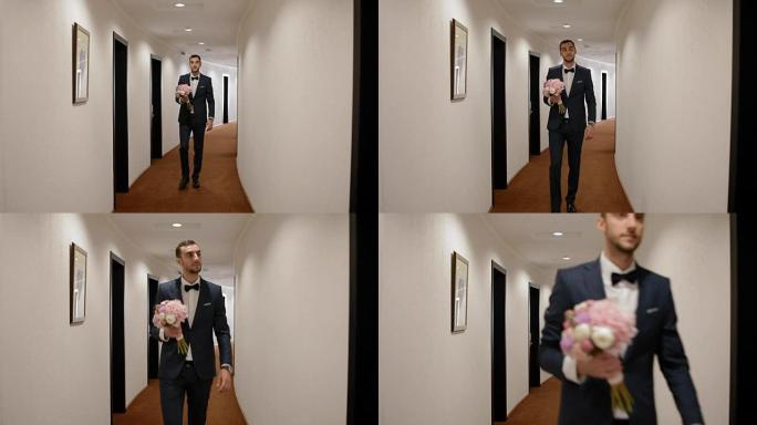 新郎带着花束走过走廊