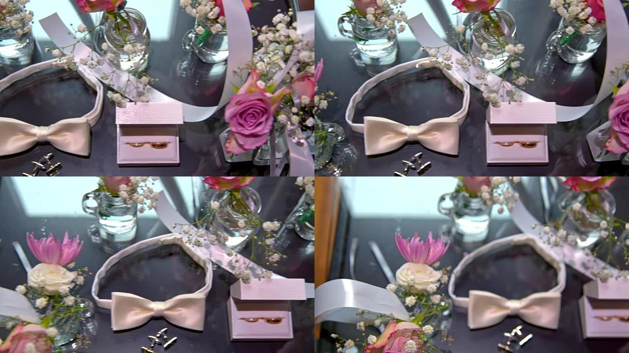 结婚饰品、戒指和鲜花