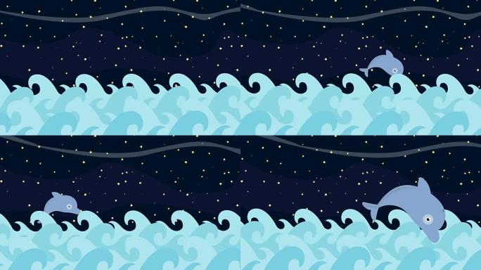 卡通海豚在繁星点点的夜晚背景下在海浪之间跳跃