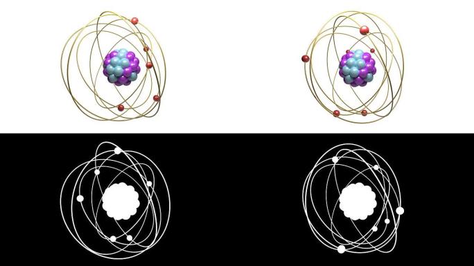 在白色背景上孤立的原子中移动的基本粒子。物理概念。3D渲染循环动画。