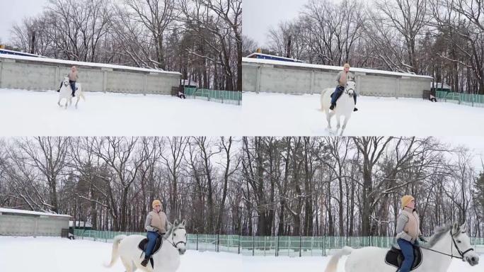 骑马者骑师在围场中移动。她完成了小跑。多云安静的冬日。小雪下了。慢动作镜头。摄像机在女孩后面移动。