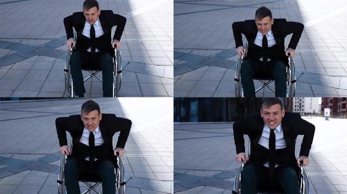 有能力的残障商人试图从轮椅上站起来