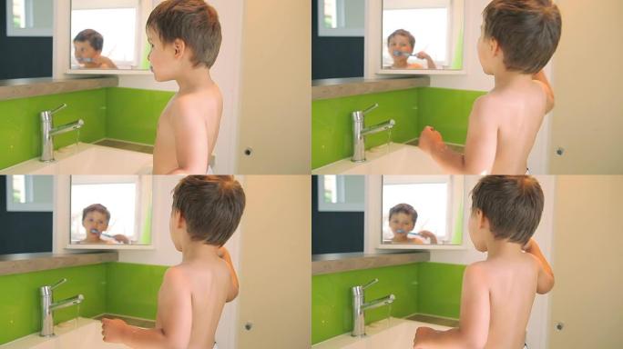 男孩在镜子里刷牙