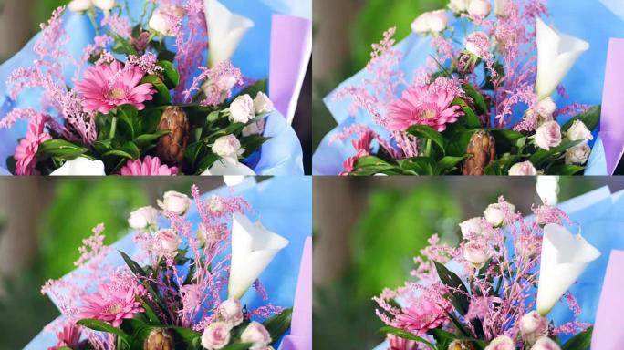 特写，花束在光线中，旋转，花卉成分由粉红色非洲菊，Protea，马蹄莲，玫瑰亚娜奶油，一枝黄花组成