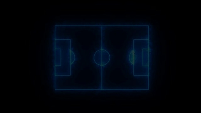 足球场或足球场的动画俯视图，数字蓝线布局。UHD 4k。