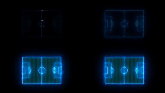 足球场或足球场的动画俯视图，数字蓝线布局。UHD 4k。