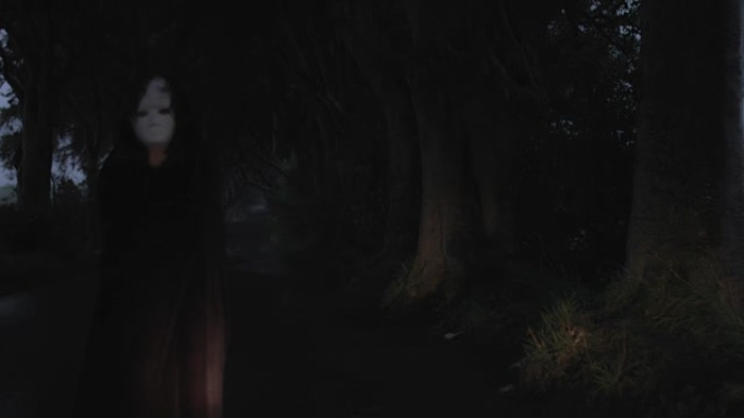 4k恐怖拍摄的邪恶角色，带有黑暗树篱中的面具，N。爱尔兰