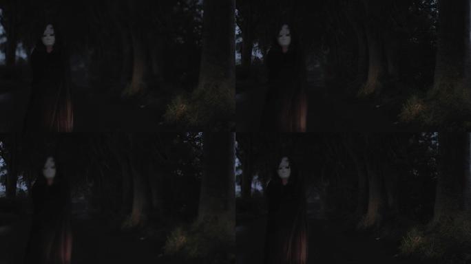 4k恐怖拍摄的邪恶角色，带有黑暗树篱中的面具，N。爱尔兰