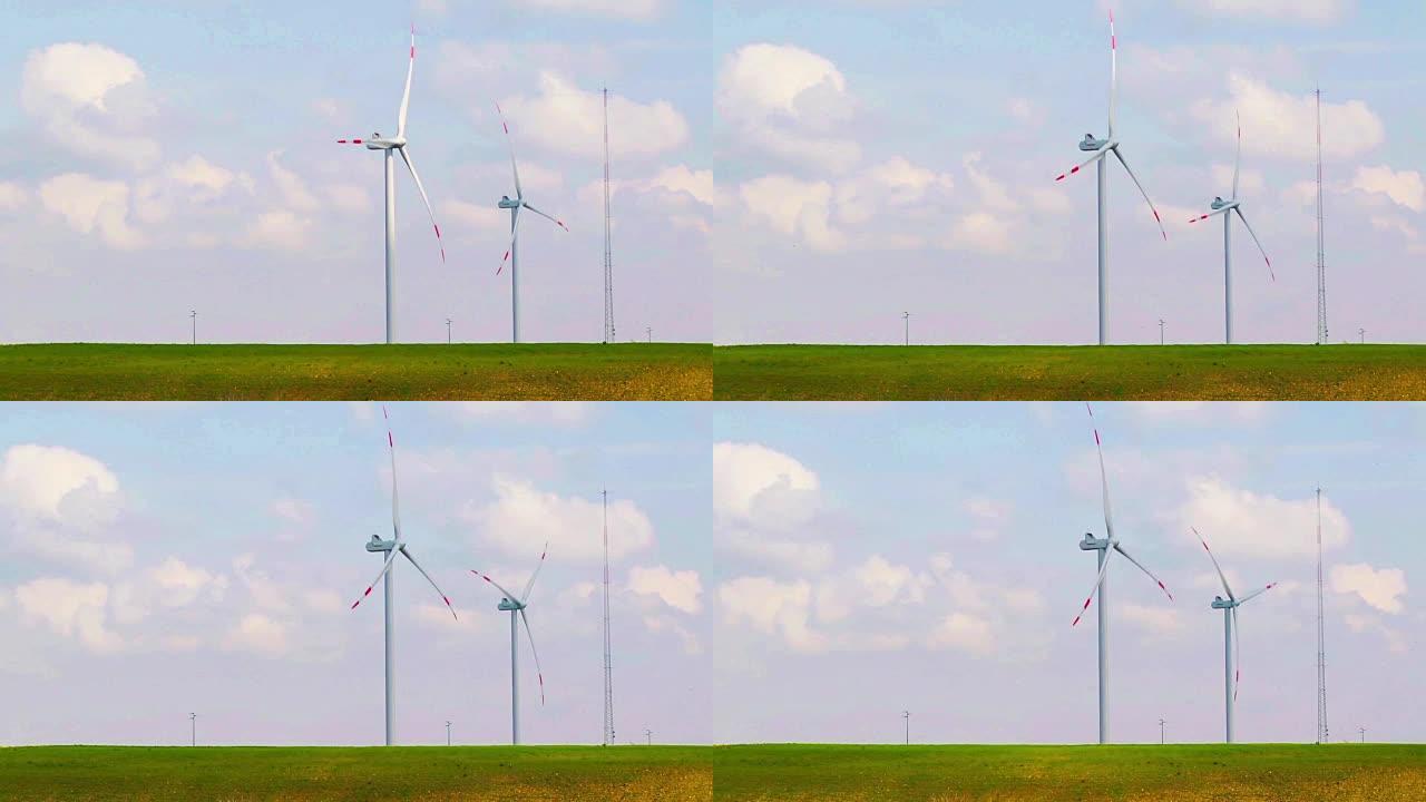 风能涡轮机，可再生电能，在蓝天下白云
