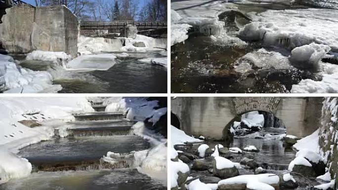 河瀑布级联复古桥冰冻冰柱冬季