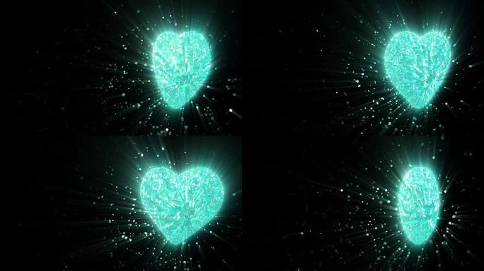 抽象循环动画背景: 旋转夜光3d冷冻心脏形成的碎片和浅蓝色旋转的立方体与杂散碎片。无缝循环。