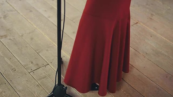 爵士乐歌手的红色裙子在麦克风的舞台上表演。跳舞。音乐