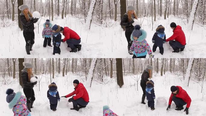 带着孩子堆雪人的年轻家庭。